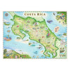 Hand-drawn map of Costa Rica featuring turtles, herons, tropical birds, sea life, monkeys, sloth, waterfalls, volcano, beach and ocean.