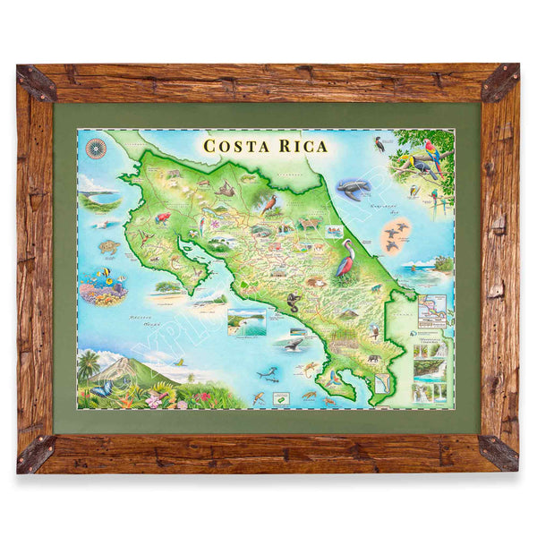 Framed Costa Rica map with green mat.