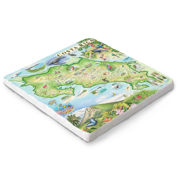 Hand-drawn Costa Rica map on a 6x6 natural stone trivet by Xplorer Maps.