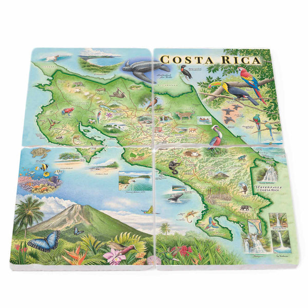 Image: Costa Rica stone coasters featuring San José, Liberia, Puerto Limón, waterfalls, Arenal Volcano, Manuel Antonio National Park, Monteverde Cloud Forest Reserve, Ecology Project International, and Guanacaste beaches. Flora/fauna include rainforest vegetation, orchids, toucans, howler monkeys, sloths, leatherback sea turtles, and butterflies.