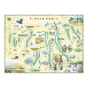 Finger Lakes hand drawn map in greens and blues. The map features Ithaca, Glen Watkins, Syracuse, and Rochester. Waterfalls, bald eagles, Deer and black bear are featured on the map.