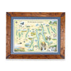 Finger Lakes hand drawn map in greens and blues. The map features Ithaca, Glen Watkins, Syracuse, and Rochester. Waterfalls, bald eagles, Deer and black bear are featured on the map. The map is frames in Montana scraped pine in a blue mat.