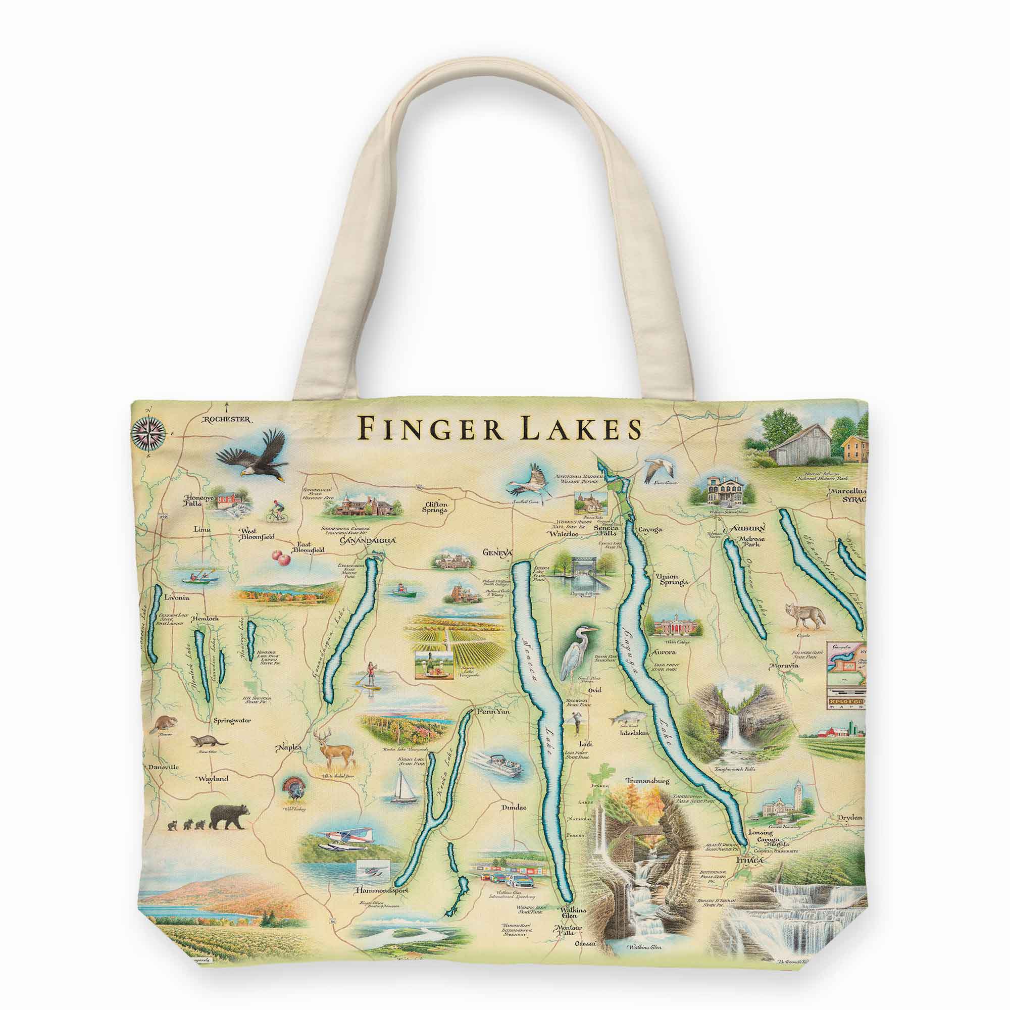 Embrace the beauty of the Finger Lakes region with this large canvas tote bag. Adorned with a stunning depiction of serene landscapes, it's not only perfect for carrying your essentials but also serves as a stylish reminder of the tranquility and natural beauty found in New York's Finger Lakes region.