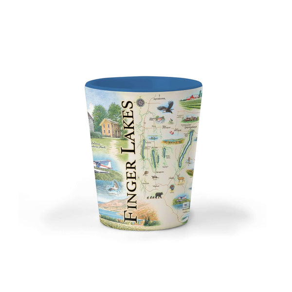A sleek Finger Lakes shot glass, perfect for savoring memories of this picturesque region in New York. Adorned with the outline of the Finger Lakes and vibrant colors, it's a stylish memento of lakeside adventures and scenic vineyards with illustrations of iconic wildlife, including a majestic black bear, soaring eagle, and graceful deer.
