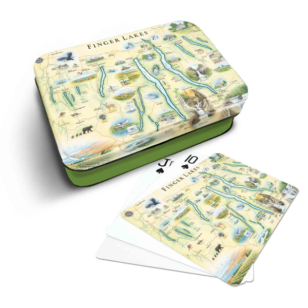 Finger Lakes New York Map Playing cards that features iconic attractions, flora and fauna of that area - Green Metal Tin