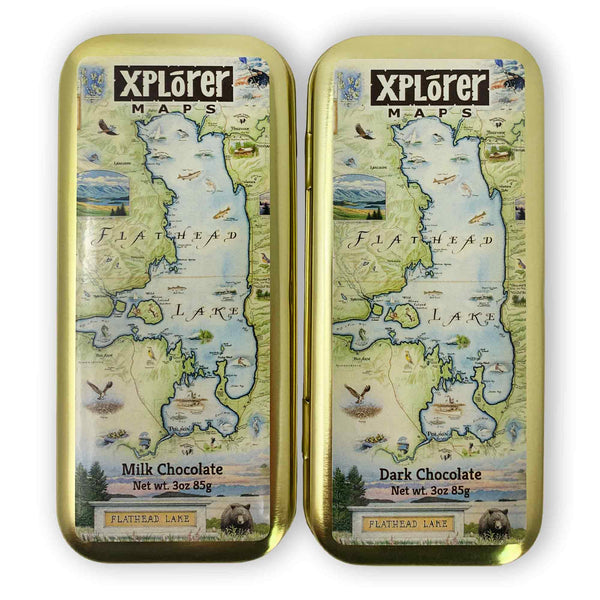 Flathead Lake Map Milk and Dark chocolates by Xplorer Maps in a gold re-usable tin. 