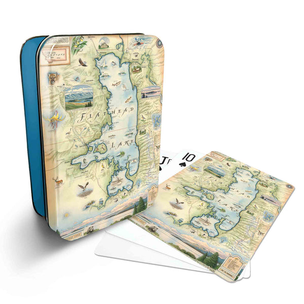 Flathead Lake Montana Map Playing cards that features iconic attractions, flora and fauna of that area - Blue Metal Tin