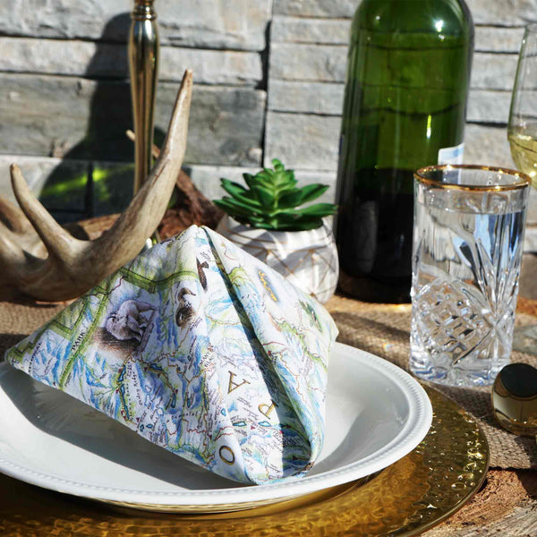 Glacier National Park Kitcchen Towel that is folder like a napkins (mapkin) sitting on a plate. The table has wine bottle, glasses, and a deer antler. 