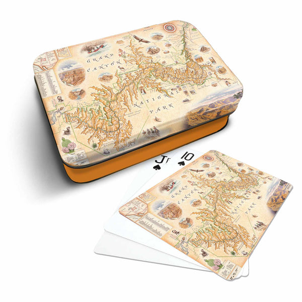 Grand Canyon National Park Map Playing cards that features iconic attractions, flora and fauna of that area - Orange Metal Tin