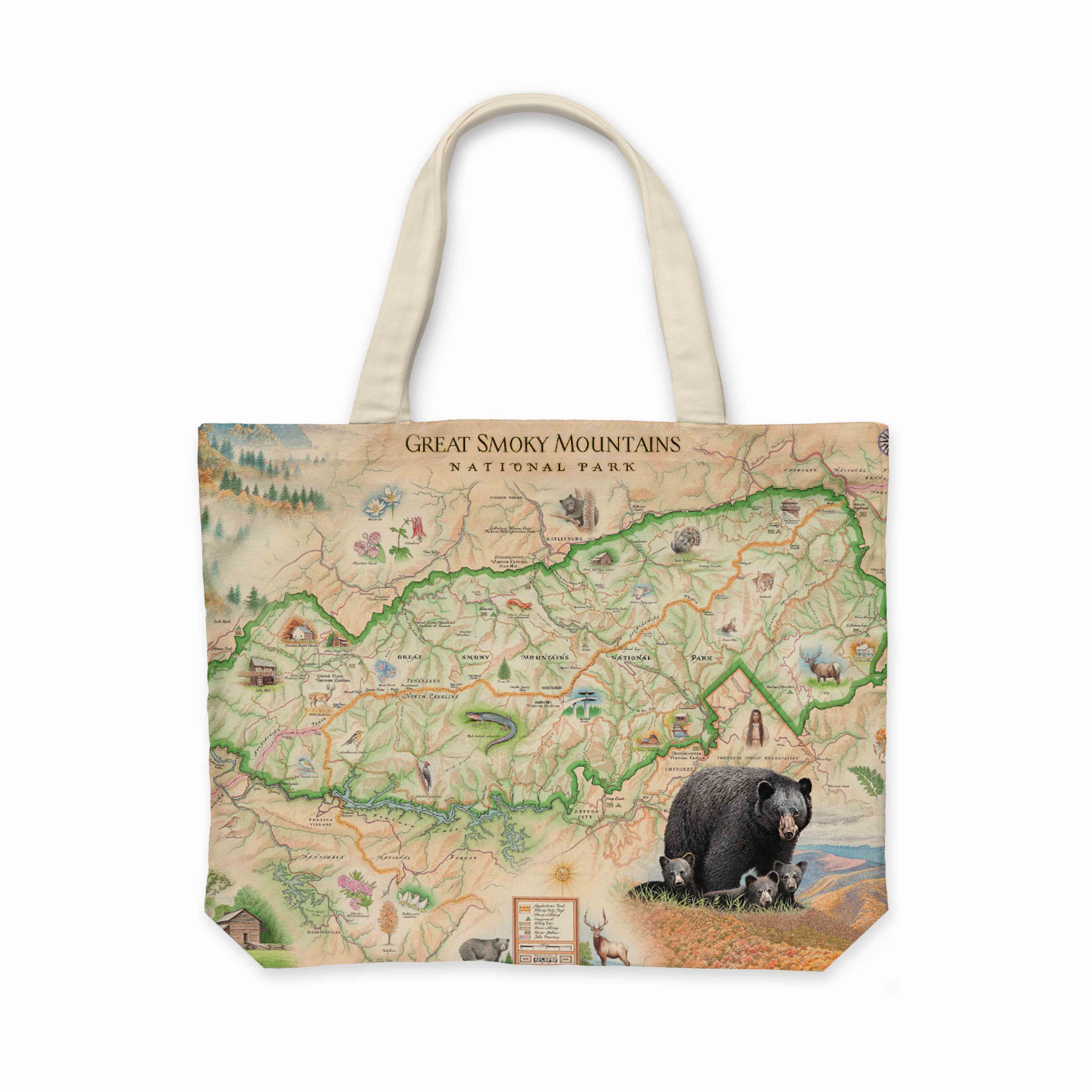 Great Smoky Mountains National Park Map Canvas Tote Bags by Xplorer Maps. The map depicts the entire National Park on the border of North Carolina and Tennessee. It features illustrations of a salamander, woodpecker, Clingman's Dome, Sugarland's Visitor Center, and Oconoluftee Visitor Center.
