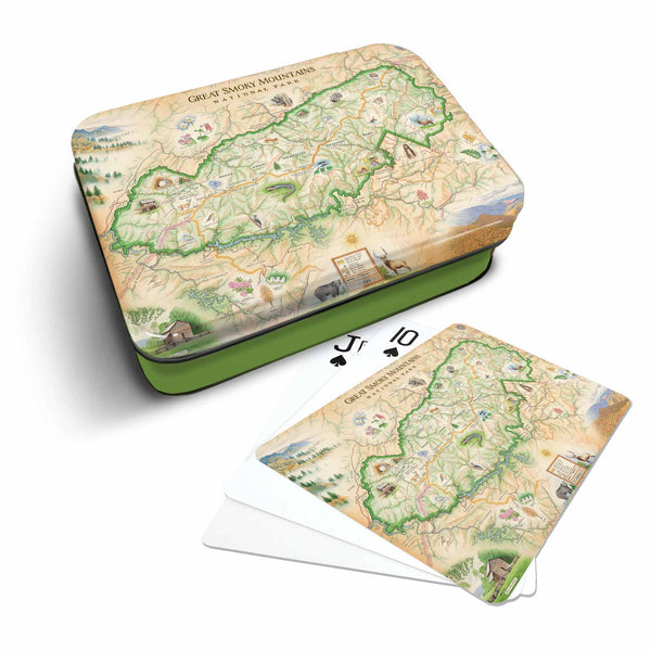 Great Smoky Mountains National Park Map Playing cards that features iconic attractions, flora and fauna of that area - Green Metal Tin