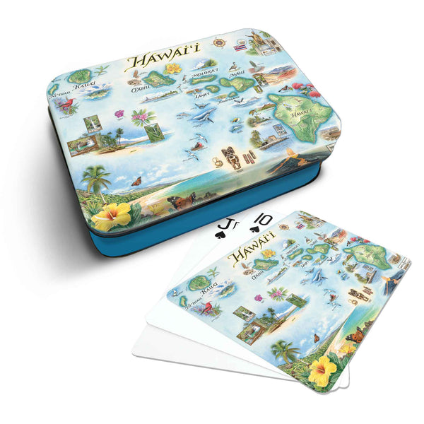 Hawai'i Map Playing cards that features iconic attractions, flora and fauna of that area - Blue Metal Tin