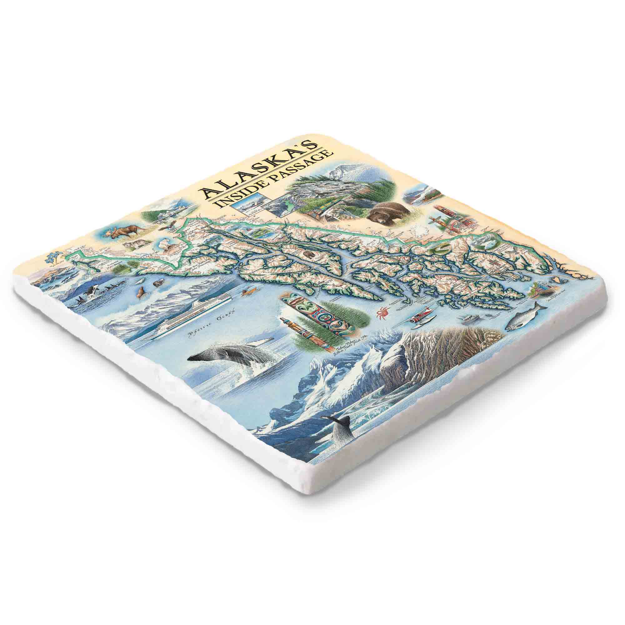 Hand-drawn Inside Passage map on a 6x6 natural stone trivet by Xplorer Maps.