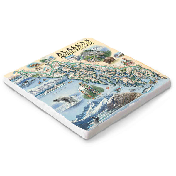 Hand-drawn Inside Passage map on a 6x6 natural stone trivet by Xplorer Maps.