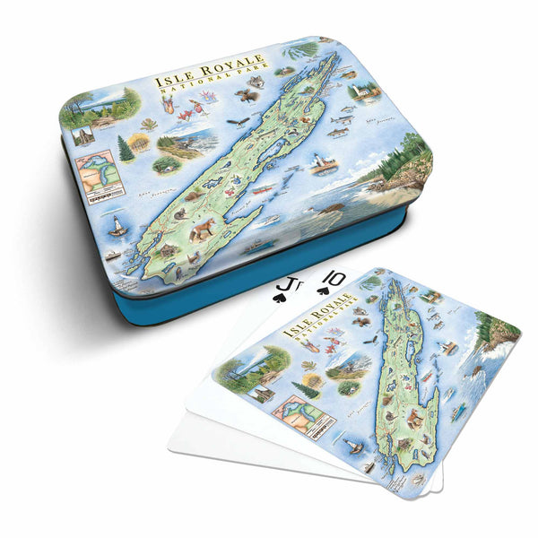 Isle Royale National Park Map Playing cards that features iconic attractions, flora and fauna of that area - Blue Metal Tin