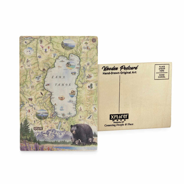 Lake Tahoe Map wooden postcard in earth tone colors featuring hand-drawn illustrations of the lake, surrounding mountains, towns, and native wildlife.