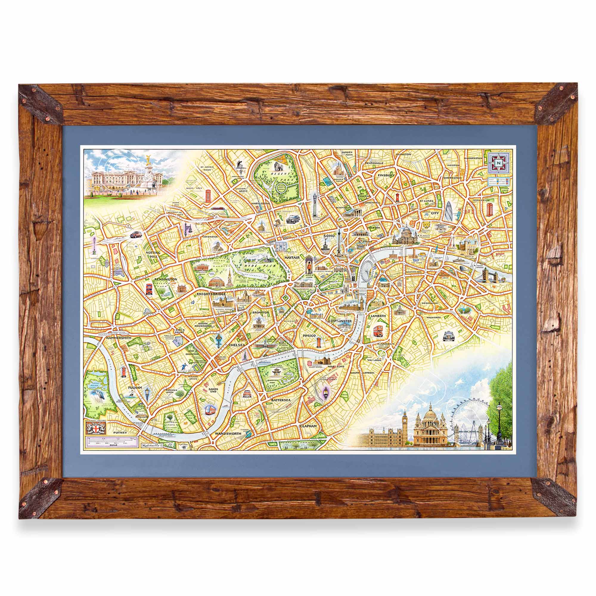London, England Hand-Drawn Map in earth tones blues and greens. The map print is framed in Montana hand-scraped pine with a blue mat.