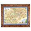 London, England Hand-Drawn Map in earth tones blues and greens. The map print is framed in Montana hand-scraped pine with a blue mat.