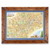 London, England Hand-Drawn Map in earth tones blues and greens. The map print is framed in Montana hand-scraped pine with a blue mat.