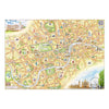 London, England hand-drawn map in earth tones of gold, brown, and orange. The map features the intricate city layout of London, England. Featured illustrations include a double-decker red bus, Kensington, Buckingham Palace, and Regent's Park. Measures 24x18."