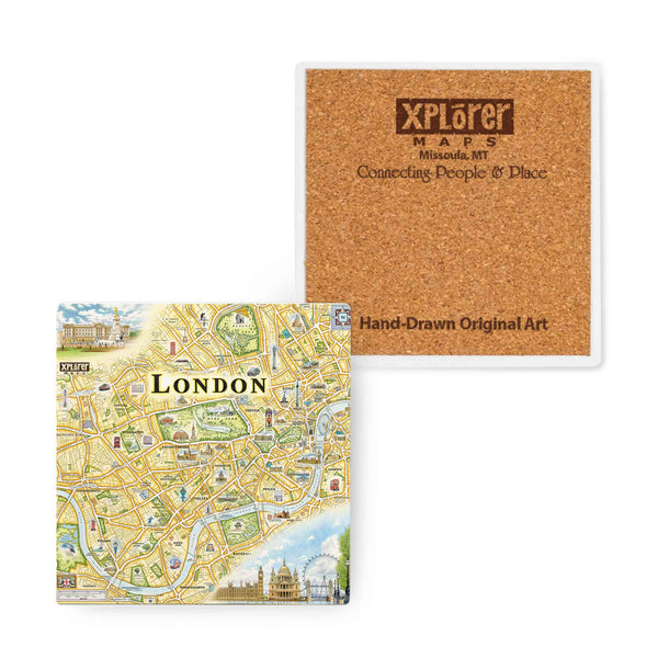 4" x 4" London ceramic coasters by Xplorer Maps. The map features  Big Ben, Buckingham Palace, Tower Bridge, and The London Eye, or the Millennium Wheel, Farris Wheel. 