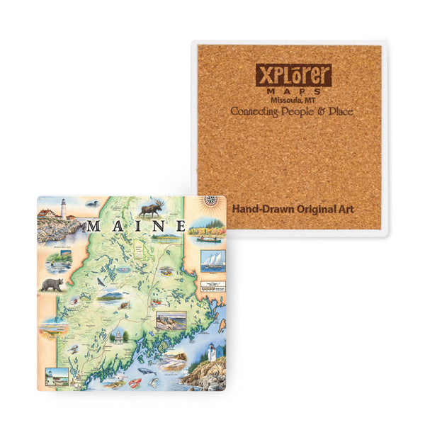 4" x 4" Maine state map ceramic coasters by Xplorer Maps. The map features illustrations of people whitewater rafting, fishing, and canoeing. Other illustrations include Cadillac Mountain, Acadia National Park, and Rangeley Lake. Flora and fauna include beaver, lobster, and moose.
