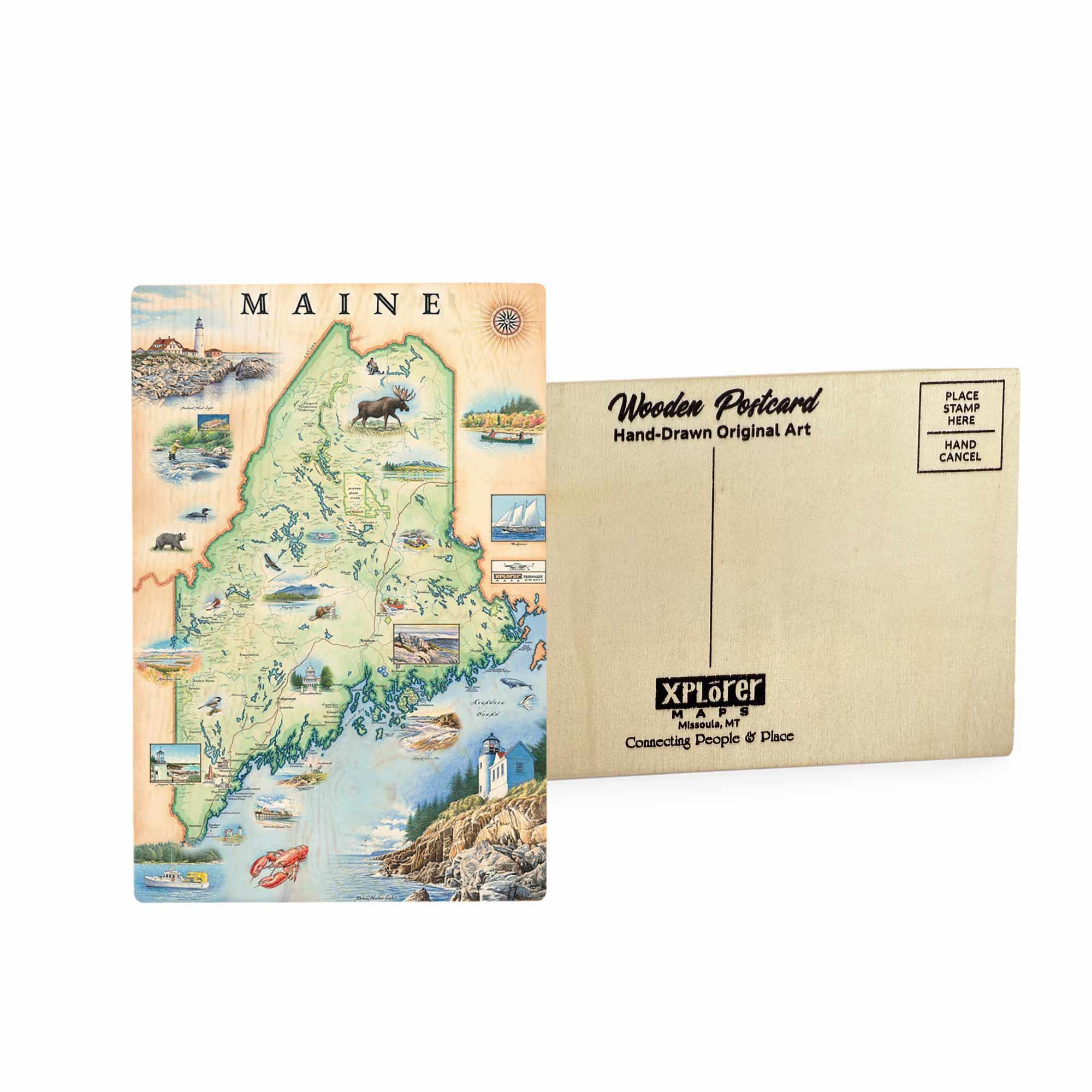 Maine state map wooden postcard featuring hand-drawn illustrations of coastal landmarks, forests, and wildlife, printed on sustainable Birch wood.