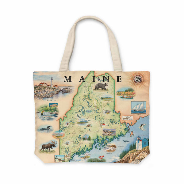 Xplore Maine's charm with this large canvas tote bag featuring a detailed map showcasing lighthouses, moose, sea life, black bear, popular cities and attractions. From the rugged coastline to bustling cities like Portland and historic landmarks such as Acadia National Park, this tote is a perfect companion for adventures in the Pine Tree State.