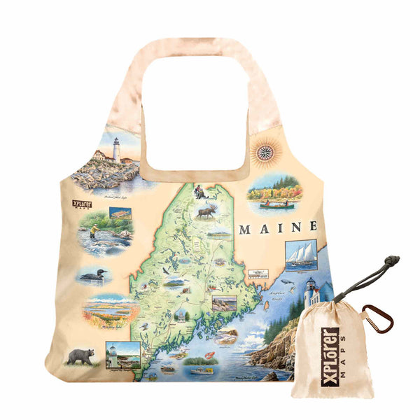Discover Maine's charm with this compact, self-stuffing pouch tote bag. Crafted from durable materials, it features a detailed state map highlighting iconic landmarks and natural wonders. Perfect for adventures or sharing memories, it pairs perfectly with our magnets capturing the essence of the Pine Tree State.