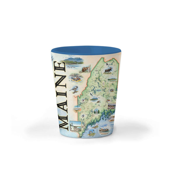 Toast to Maine's allure with our captivating shot glass. Featuring iconic landmarks and coastal scenes sea life, and animals, it's a perfect memento of the Pine Tree State's beauty. 1.5 oz - blue.