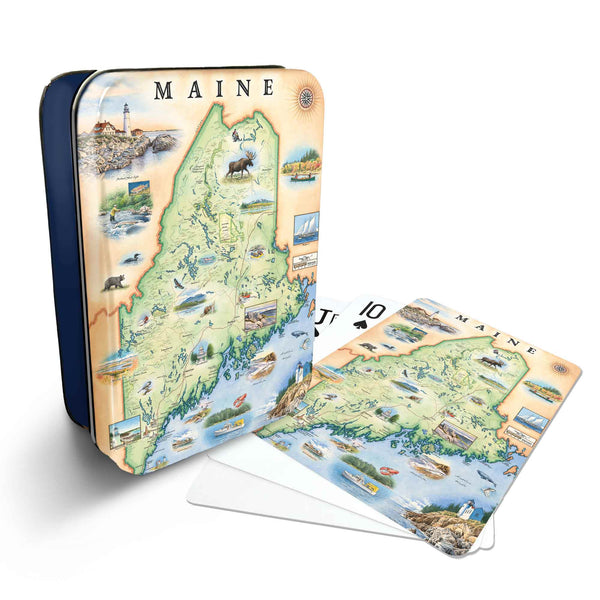Maine Map Playing cards that features iconic attractions, flora and fauna of that area - Blue Metal Tin.