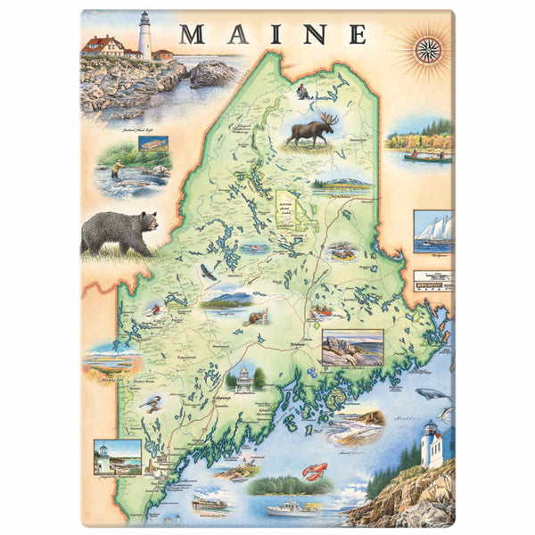ring a piece of Maine's allure into your home with these charming magnets. Featuring iconic landmarks, coastal scenery, and vibrant wildlife, each magnet captures the essence of the Pine Tree State, making it the perfect addition to your collection or a thoughtful souvenir for Maine enthusiasts.
