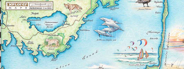 Close up of Outer Banks Map by Xplorer Maps. The map is showing the third step in the map illustrations process. 