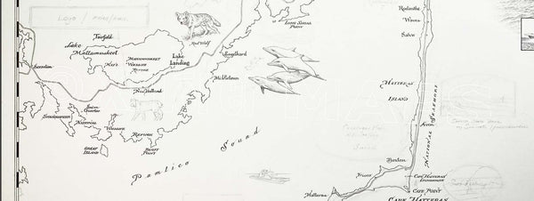 Close up of Outer Banks Map by Xplorer Maps. The map is showing the first step in the map illustrations process.