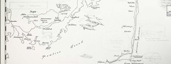 Close up of Outer Banks Map by Xplorer Maps. The map is showing the first step in the map illustrations process.