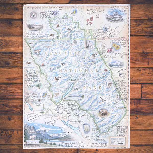 Glacier National Park Map with guest notes and well wishes written on the map. For every purchase, get a free map. 