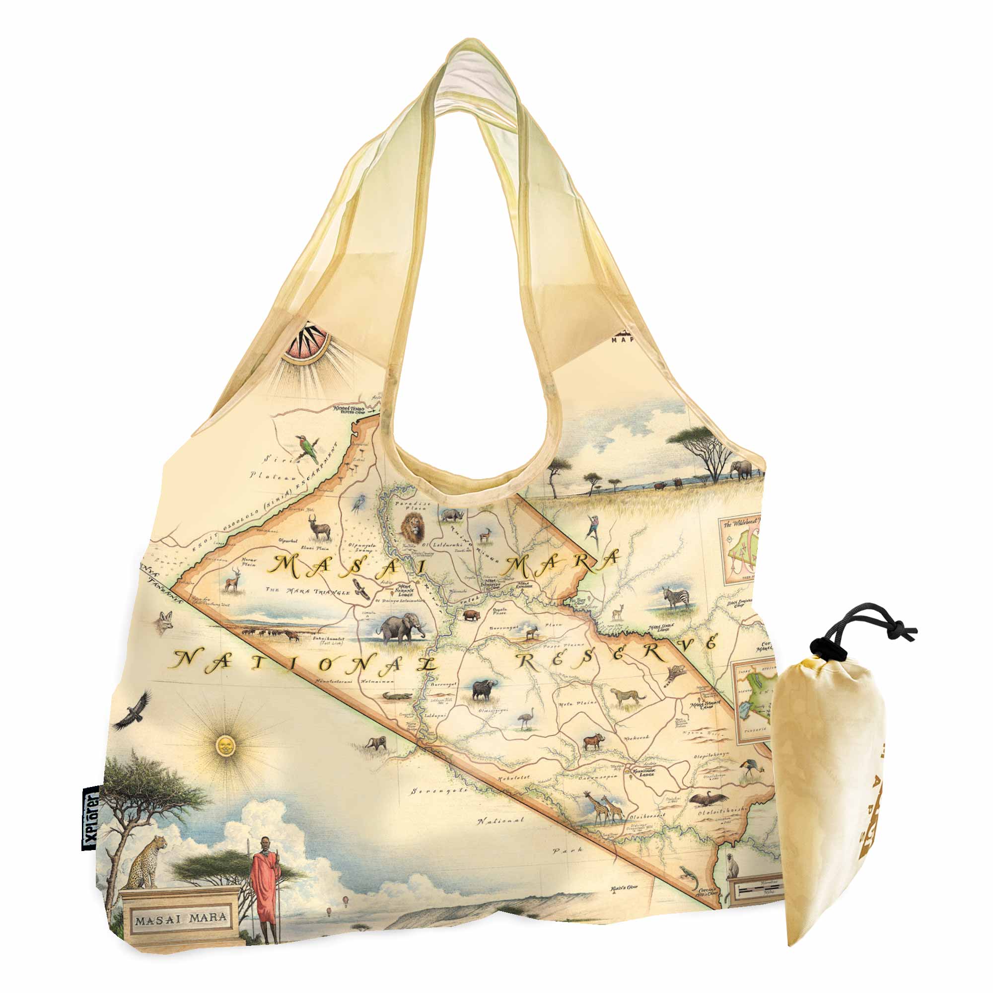 Masai Mara Map Pouch Tote Bags by Xplorer Maps. The map features illustrations such as elephant, ostrich, giraffe, lion, rhinoceros, Mara Serena Lodge, Mara Intrepids Camp, and Keekorok Lodge.