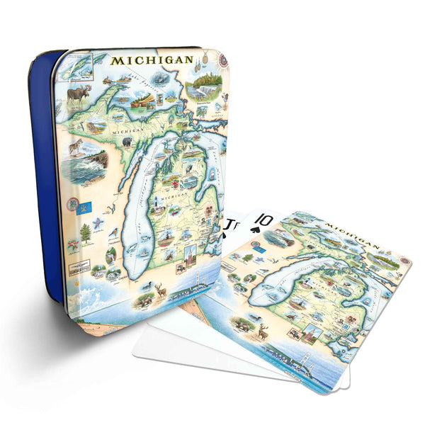 Michigan Map Playing cards that features iconic attractions, flora and fauna of that area - Blue Metal Tin
