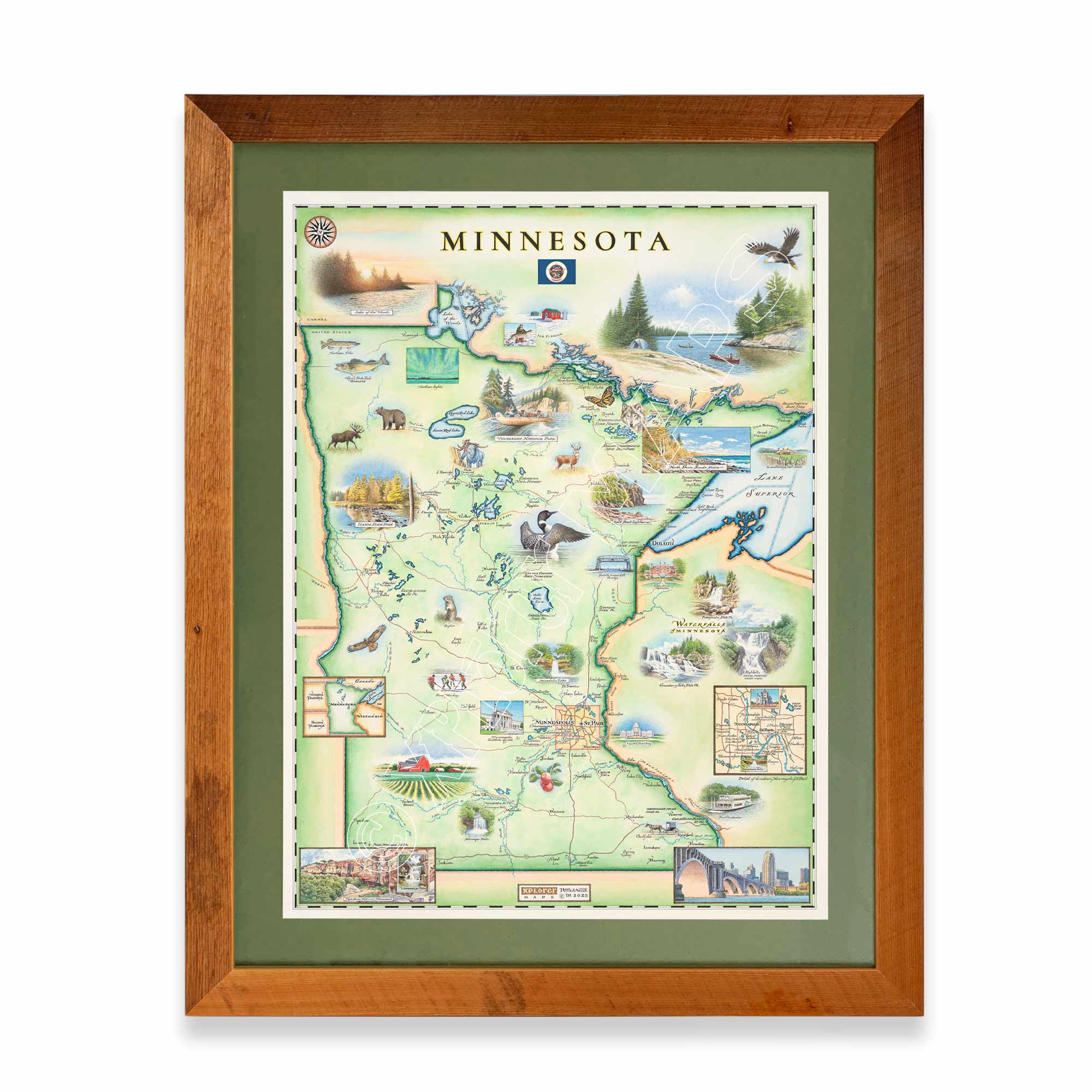Minnesota State framed hand-drawn map. The print is framed in Montana's Flathead Lake Larch with a green mat. 