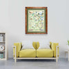 Minnesota State hand-drawn map in earth-tone colors by Xplorer Maps hanging on a wall above a yellow couch. The print is framed in pine with a green frame.