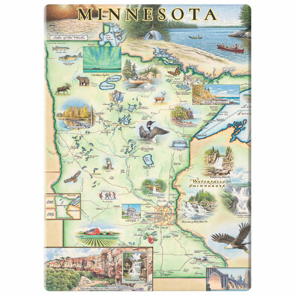 Add a touch of Minnesota charm to your fridge with this delightful refrigerator magnet. Featuring colorful illustrations of iconic landmarks, scenic landscapes, and beloved wildlife, it's the perfect way to showcase your love for the Land of 10,000 Lakes