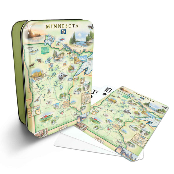 Minnesota Map Playing cards that features iconic attractions, flora and fauna of that area - Green Metal Tin