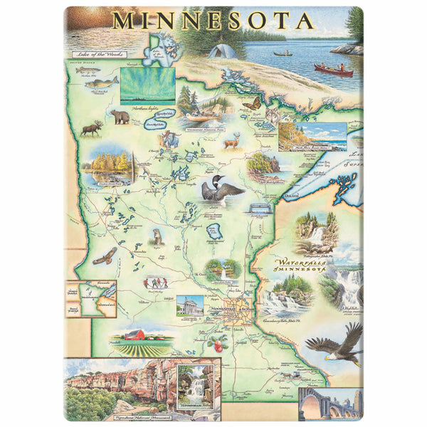 Add a touch of Minnesota charm to your fridge with this delightful refrigerator magnet. Featuring colorful illustrations of iconic landmarks, scenic landscapes, and beloved wildlife, it's the perfect way to showcase your love for the Land of 10,000 Lakes