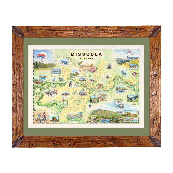 Framed Missoula map with green mat in a Montana pine-scraped wood frame.