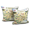 Canvas and velvet Missoula, Montana map throw pillow with black and white piping. Featuring hand-drawn illustrations of local landmarks and wildlife.