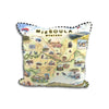 Missoula, Montana map throw pillow with black and white piping. Featuring hand-drawn illustrations of local landmarks and wildlife.