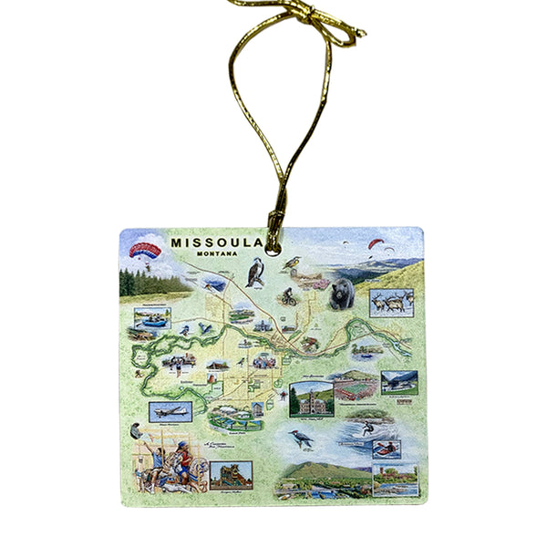 Acrylic ornament featuring a 4x4 design with hand-drawn maps of Missoula, showcasing the state’s landscapes, landmarks, and adventurous spirit. The ornament includes intricate details of the Rockies, valleys, and vibrant communities.
