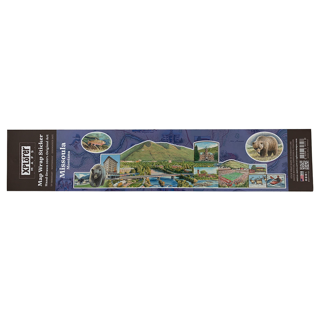 Large Wrap around sticker of Missoula Montana. Featuring black bear, University, The Wilma and more.