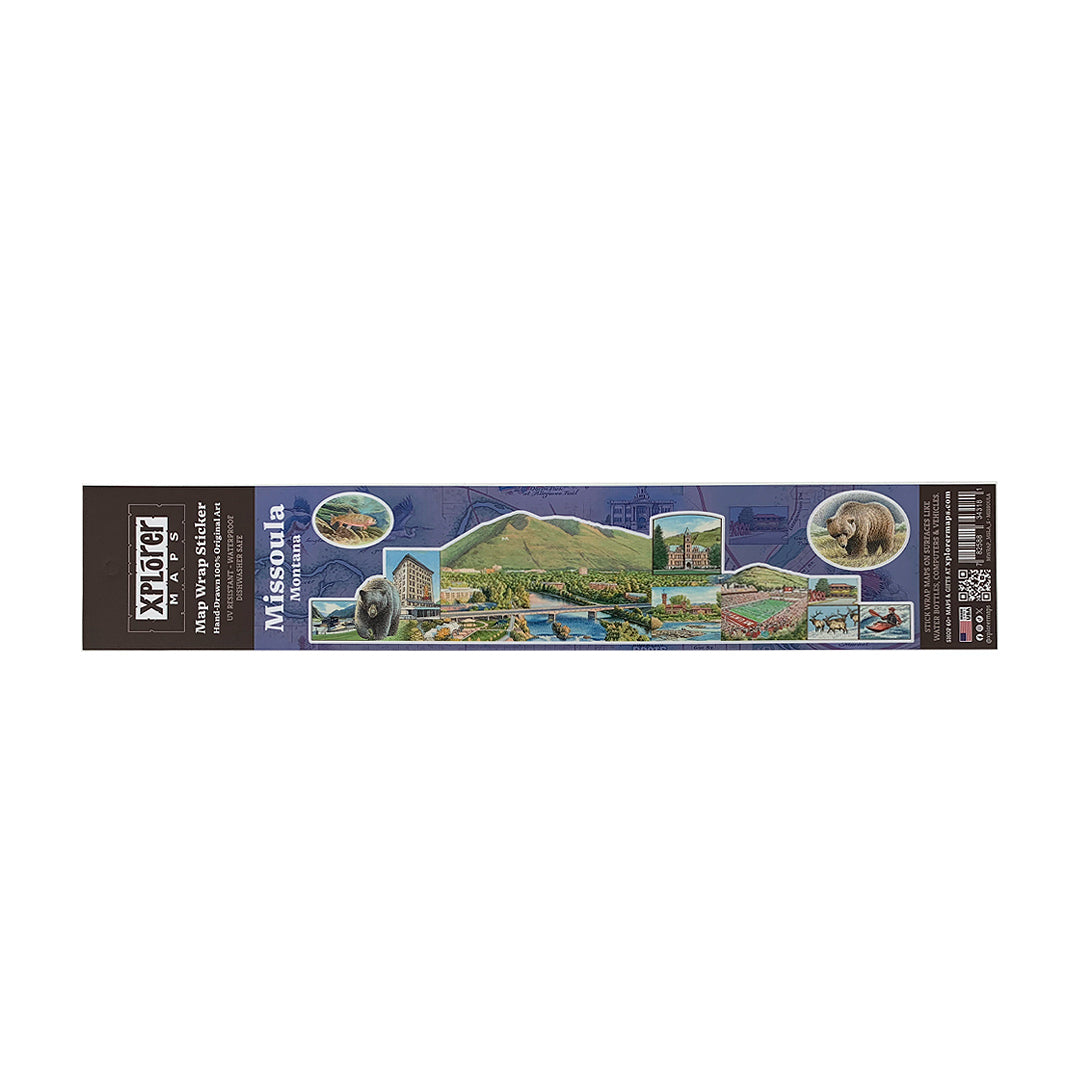 Small Wrap around sticker of Missoula Montana. Featuring black bear, University, The Wilma and more.