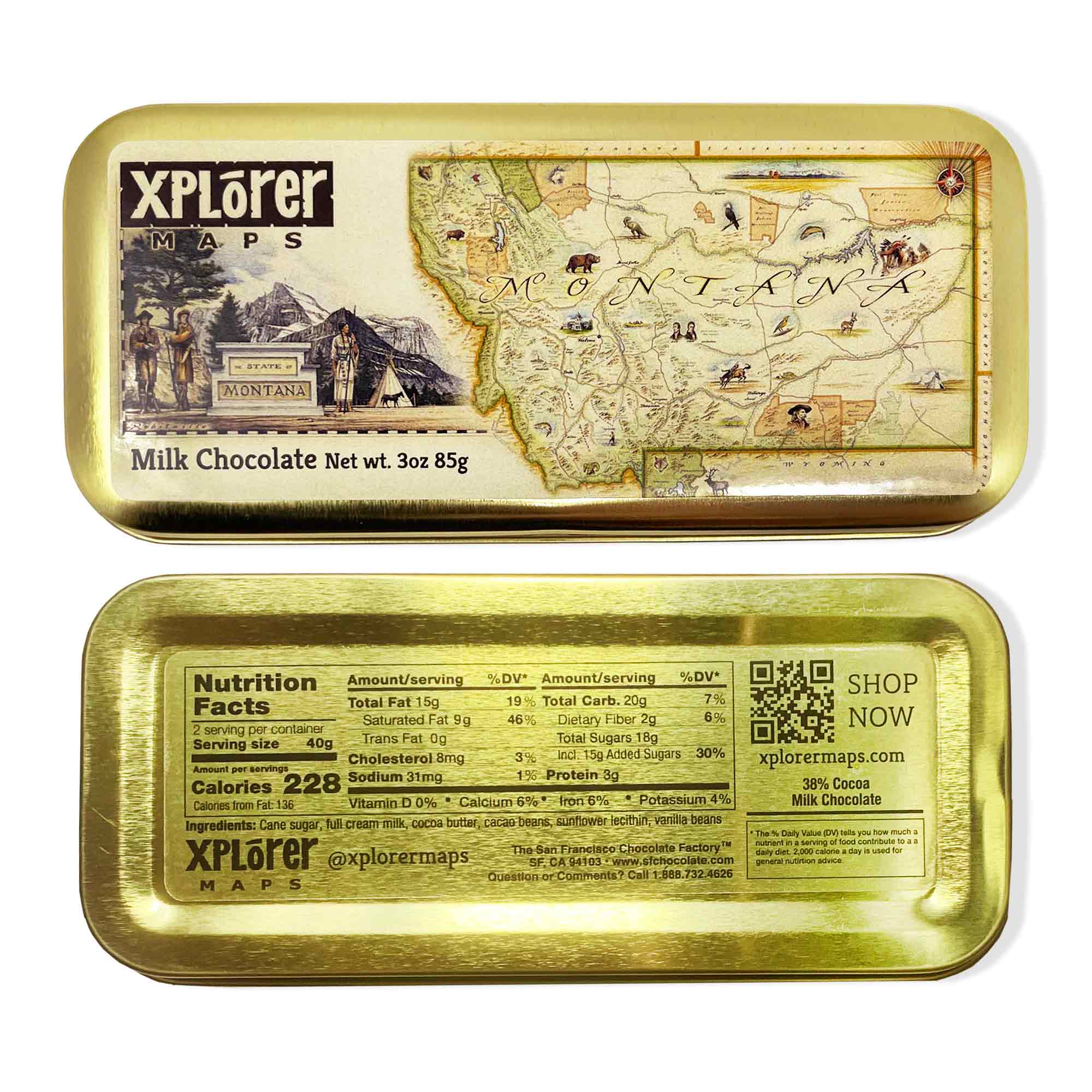 Xplorer Maps' Milk Chocolate with back side to see ingredients.